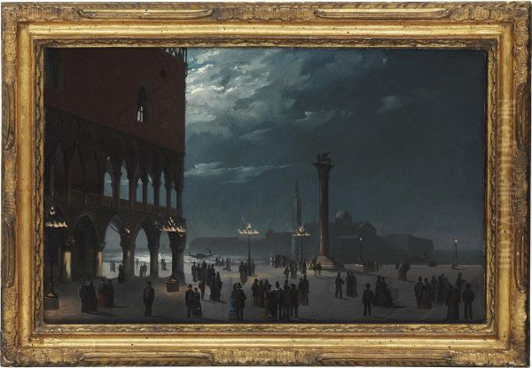 A View Of The Piazzetta By Moonlight, Venice Oil Painting by Ippolito Caffi