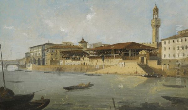 Florence, A View Of The Arno With The Tiratoio Delle Grazie Oil Painting by Ippolito Caffi