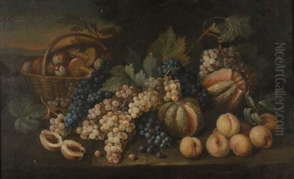 Natura Morta Con Uva, Funghi,pesche E Meloni. Oil Painting by Ludovico Caffi