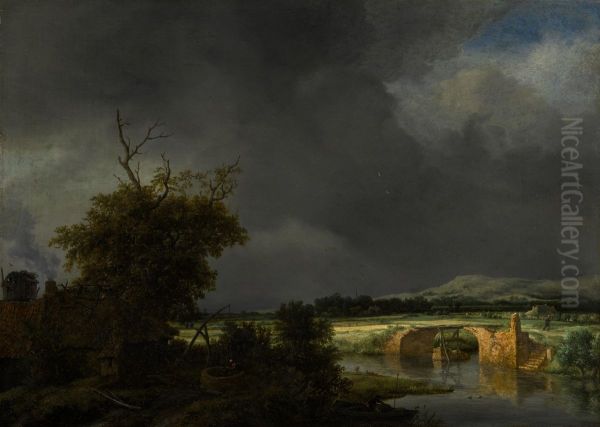 Landscape with a cottage and stone bridge under a cloudy sky Oil Painting by Jacob Van Ruisdael