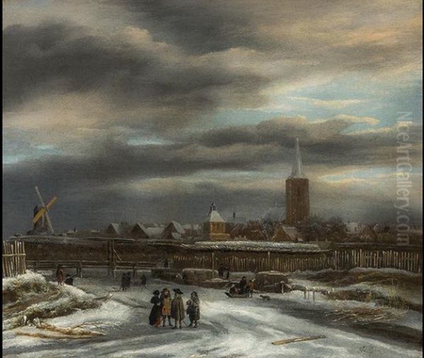 Winter Landscape with a View on a Town, Probably Doesburg Oil Painting by Jacob Van Ruisdael