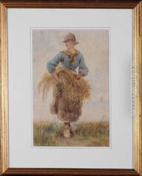 A Farm Girl Carrying A Sheath Of Corn Oil Painting by Hector Caffieri