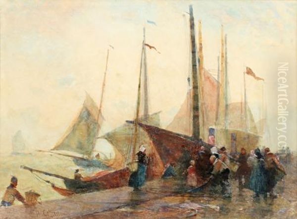 Figures On A Quayside Oil Painting by Hector Caffieri