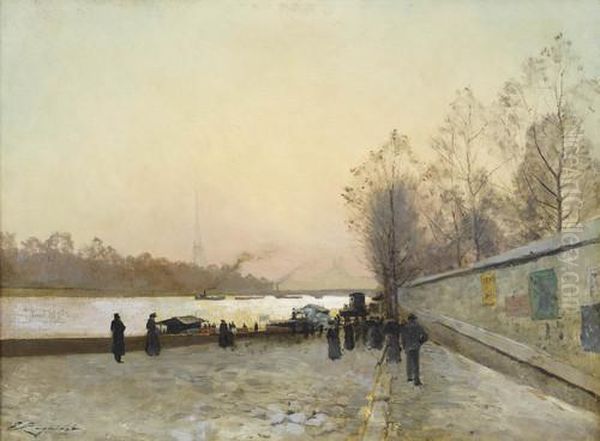 Crepuscule Au Pont De La Concorde Oil Painting by Emile Cagniart