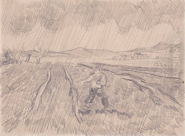 Enclosed field with a sower in the rain Oil Painting by Vincent Van Gogh