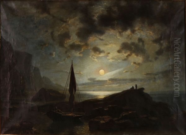 Moonlight over a rocky coast Oil Painting by Knud Baade