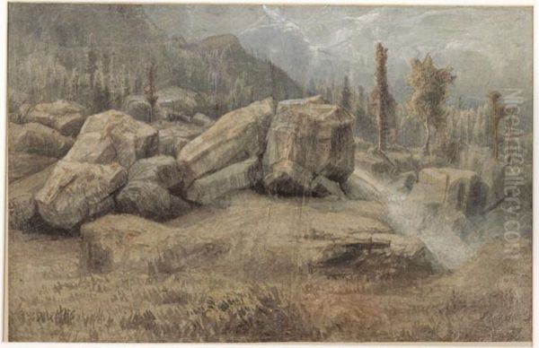 Fjell og skoglandskap Oil Painting by Lars Hertervig