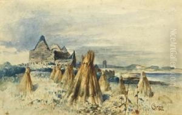 Haystacks Off The Coast Of Clare With Castle Ruins Oil Painting by Richard Staunton Cahill