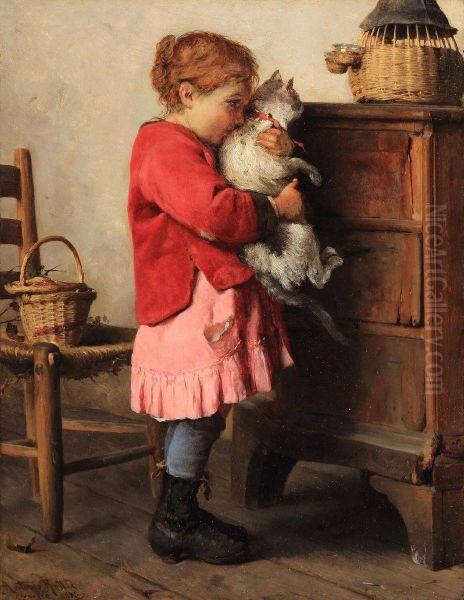 Bambina con gatto Oil Painting by Antonio Rotta