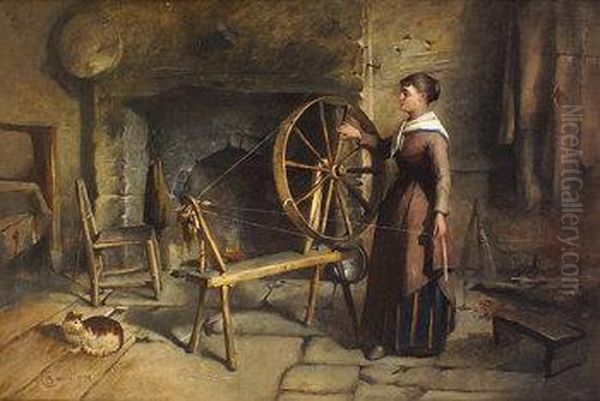 A Girl Spinning By A Hearthside Oil Painting by Richard Staunton Cahill