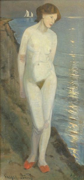 A nude in the moonlight. Oil Painting by Laurits Tuxen