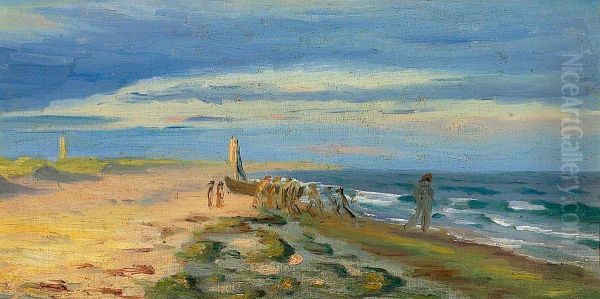 View of Skagen beach with persons at a boat. In the background Skagen lighthouse. Oil Painting by Michael Peter Ancher