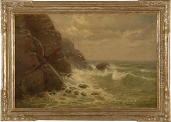 Surf Crashing Against The Rocks At Gay Head, Martha's Vineyard Oil Painting by Charles Drew Cahoon