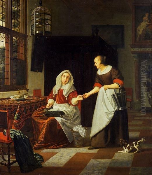 Interior with a young woman and her maid Oil Painting by Michiel van Musscher