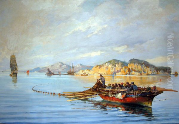 Fishing-Boat with Fishermen. Oil Painting by unknown