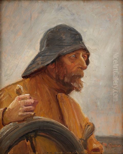 Somand med sydvest til rors. Oil Painting by Michael Peter Ancher