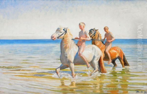 Boys ride horses to water. Skagen, 1900 Oil Painting by Michael Peter Ancher