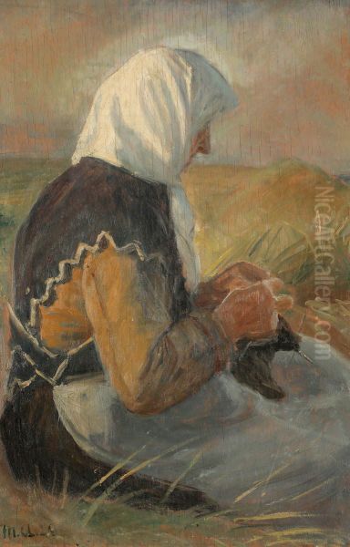 A fisherman's wife knitting in the dunes. Oil Painting by Michael Peter Ancher