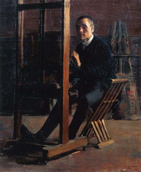 Self-Portrait at the Easel Oil Painting by Akseli Gallen-Kallela