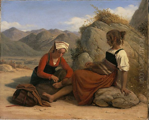 Young girl from Sonnino removing a thorn from the side of one of her companions Oil Painting by Leopold Robert