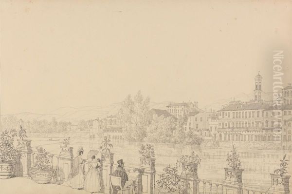 View from the Terrace of Casino Percori on the Lung Arno, Florence 7th Sept.er 1841 Oil Painting by Sir Charles D'Oyly, 7th Baronet