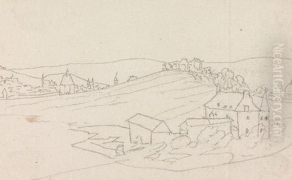 Sketch of a Villiage Set in in Hilly Landscape Oil Painting by Henry Swinburne