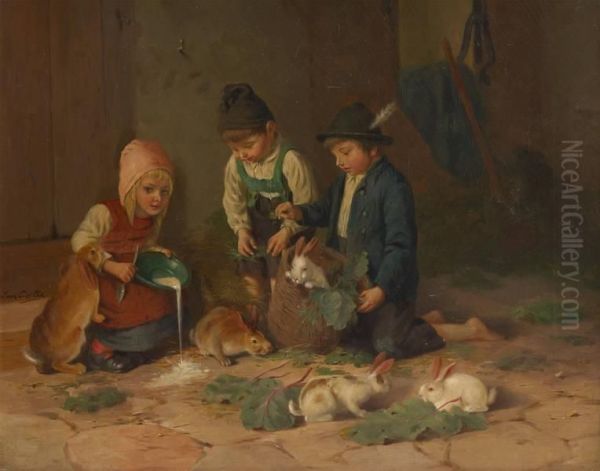 Les Enfants Et Les Lapins Oil Painting by Leon Caille