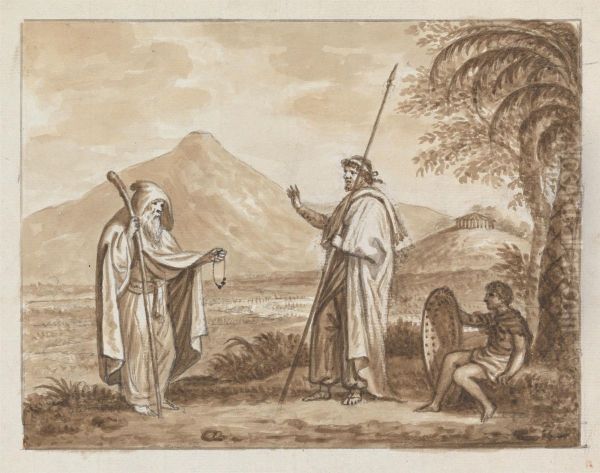 Old Man, Warrior and Boy in a Classical Landscape Oil Painting by James Bruce