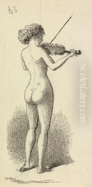 Nude Woman playing the Violin Oil Painting by George Augustus Sala