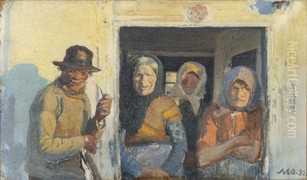 Kristoffer and the women at the door. Oil Painting by Michael Peter Ancher