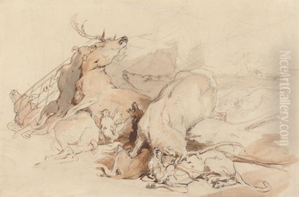 Hounds and Hunters Attacking Deer Oil Painting by Edwin Landseer