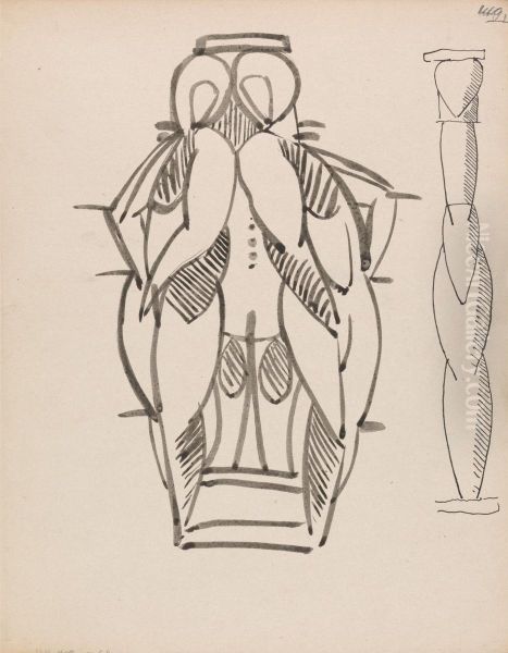 Two Studies for a Sculptural Column Oil Painting by Henri Gaudier-Brzeska
