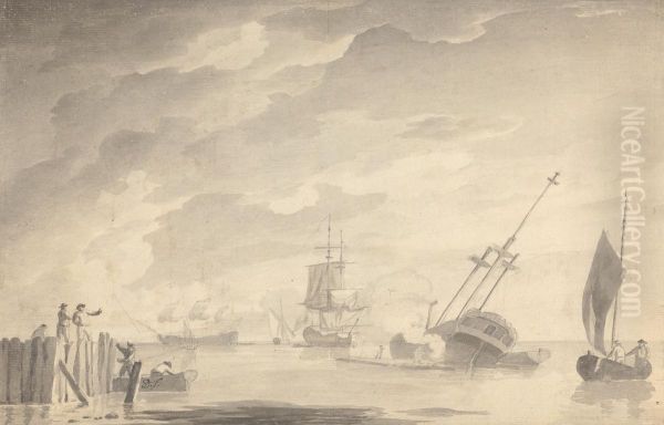 Battle Scene, Three Battleships, One Sinking; Figures on Left in Rowboat and Standing Pier Oil Painting by Dominic Serres