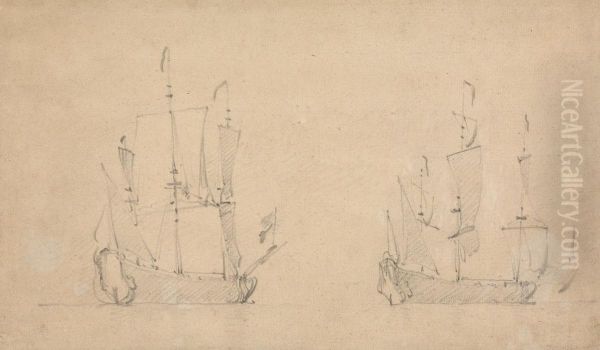 Starboard-quarter view of a Flagship in light airs and similar view of another Oil Painting by Willem van de Velde the Younger