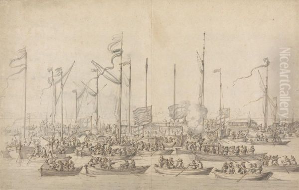 Celebration on the Thames near Whitehall Oil Painting by Willem van de Velde the Elder