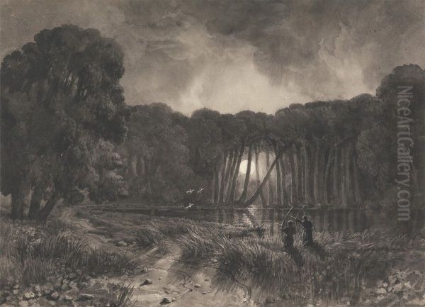 Bowmen at a Moonlit Lake Shooting Wildfowl Oil Painting by William West