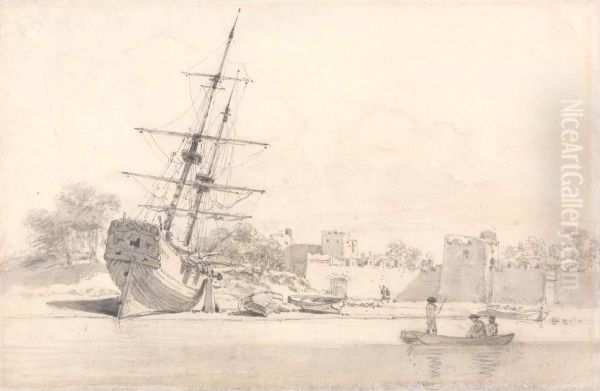 A Small Sailing Ship Drawn Up on the Shore Below Some Fortified Buildings Oil Painting by William Alexander