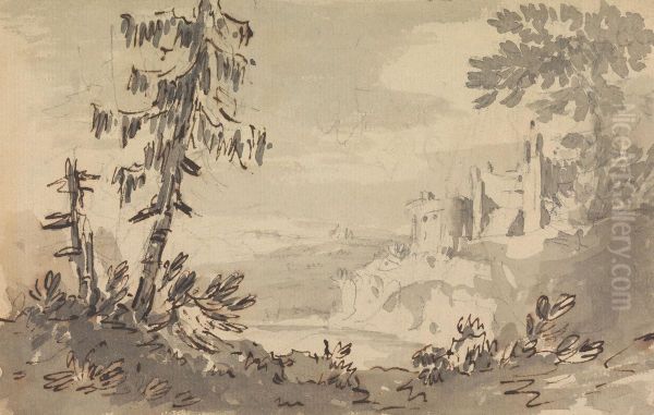 Pine Trees and Castle in a Landscape Oil Painting by William Gilpin