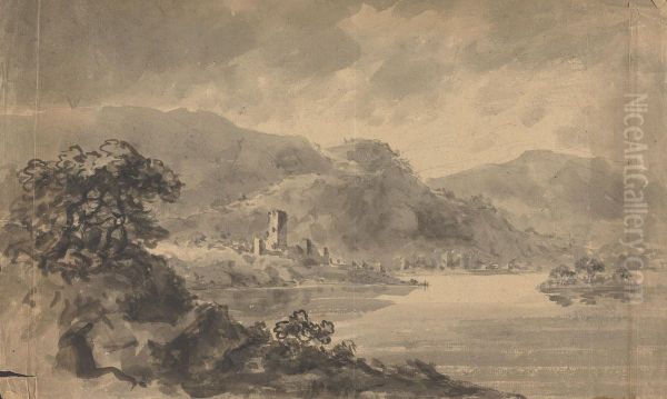 Landscape with River, Castle and Mountains Oil Painting by William Gilpin