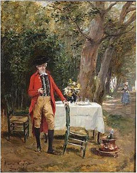 Late!, Signed, Dedicated And Dated 1888, Oil On Panel, 32.5 X 42 Cm.; 12 3/4 X 16 1/2 In Oil Painting by Georges Jules Auguste Cain