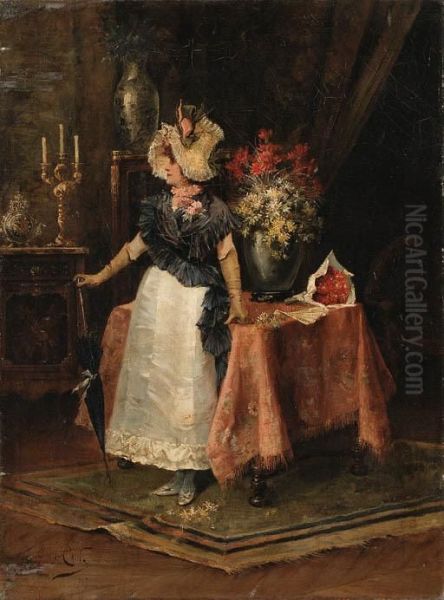 An Elegant Lady In An Interior Oil Painting by Georges Jules Auguste Cain