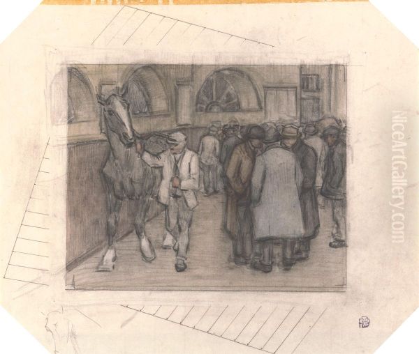 The Horse Mart (with further sketches in the margin) Oil Painting by Robert Bevan