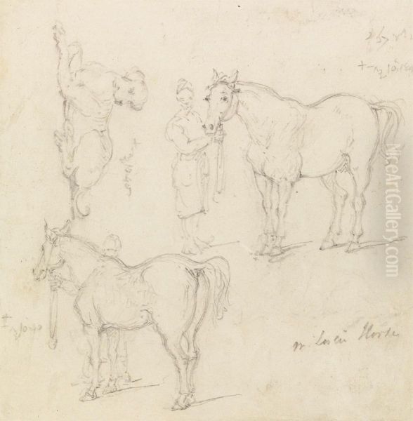 Studies of Horses with Chinese Grooms, and a Dog, Nov. 10, 1840 Oil Painting by George Chinnery