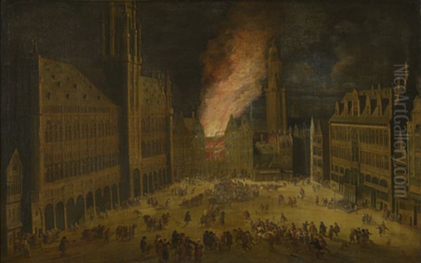 Fire of the house the Wolvin in Brussels in 1690 Oil Painting by Theodoor van Heil