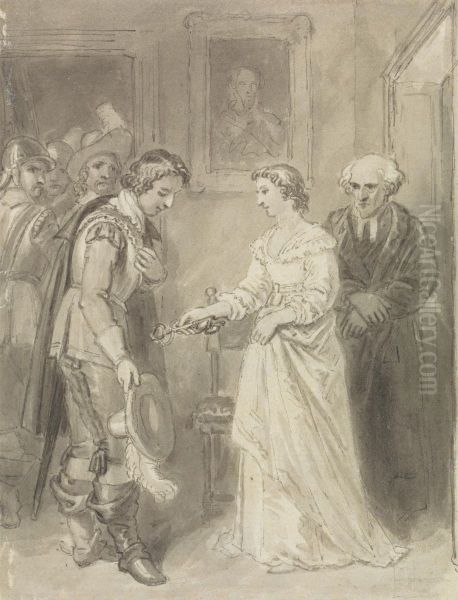 A Girl Giving a Key to a Cavalier Oil Painting by Thomas Stothard