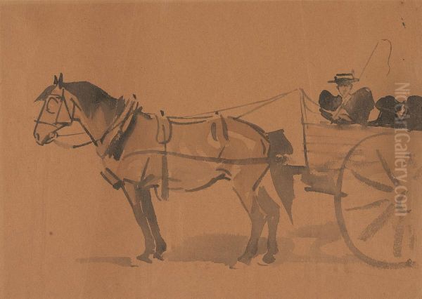 Auntie Bee with her two Nieces in a Pony Cart Oil Painting by Joseph Crawhall