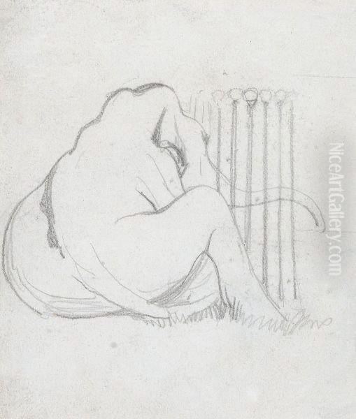 A Baby Elephant sitting by a fence Oil Painting by Daniel Maclise