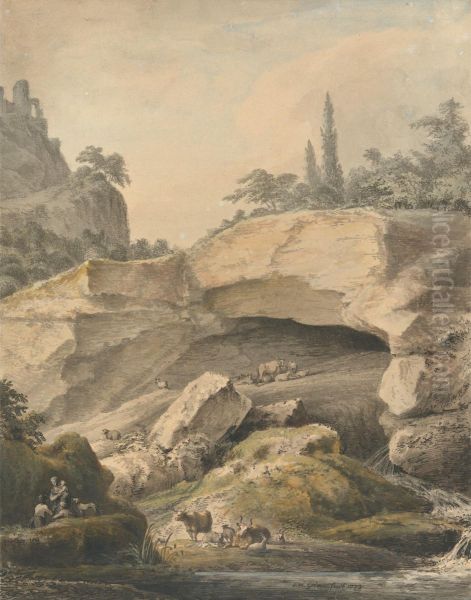 Rocky Landscape with Peasants and Cattle Oil Painting by Samuel Hieronymus Grimm