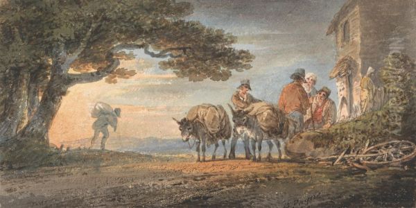 Drivers and Burros Resting at Sunset Oil Painting by William Payne