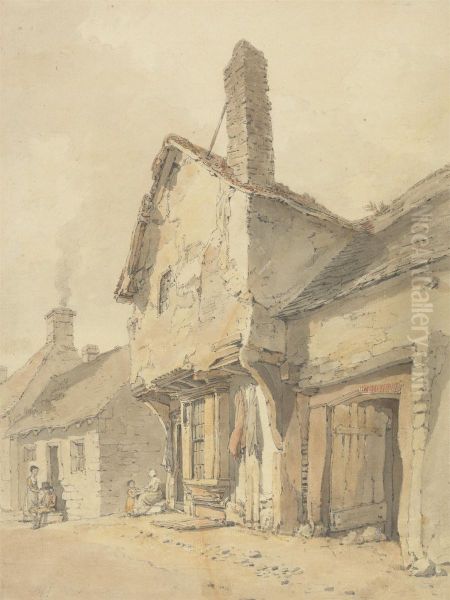 A Village Street, Figures by Old Cottages Oil Painting by William Alexander